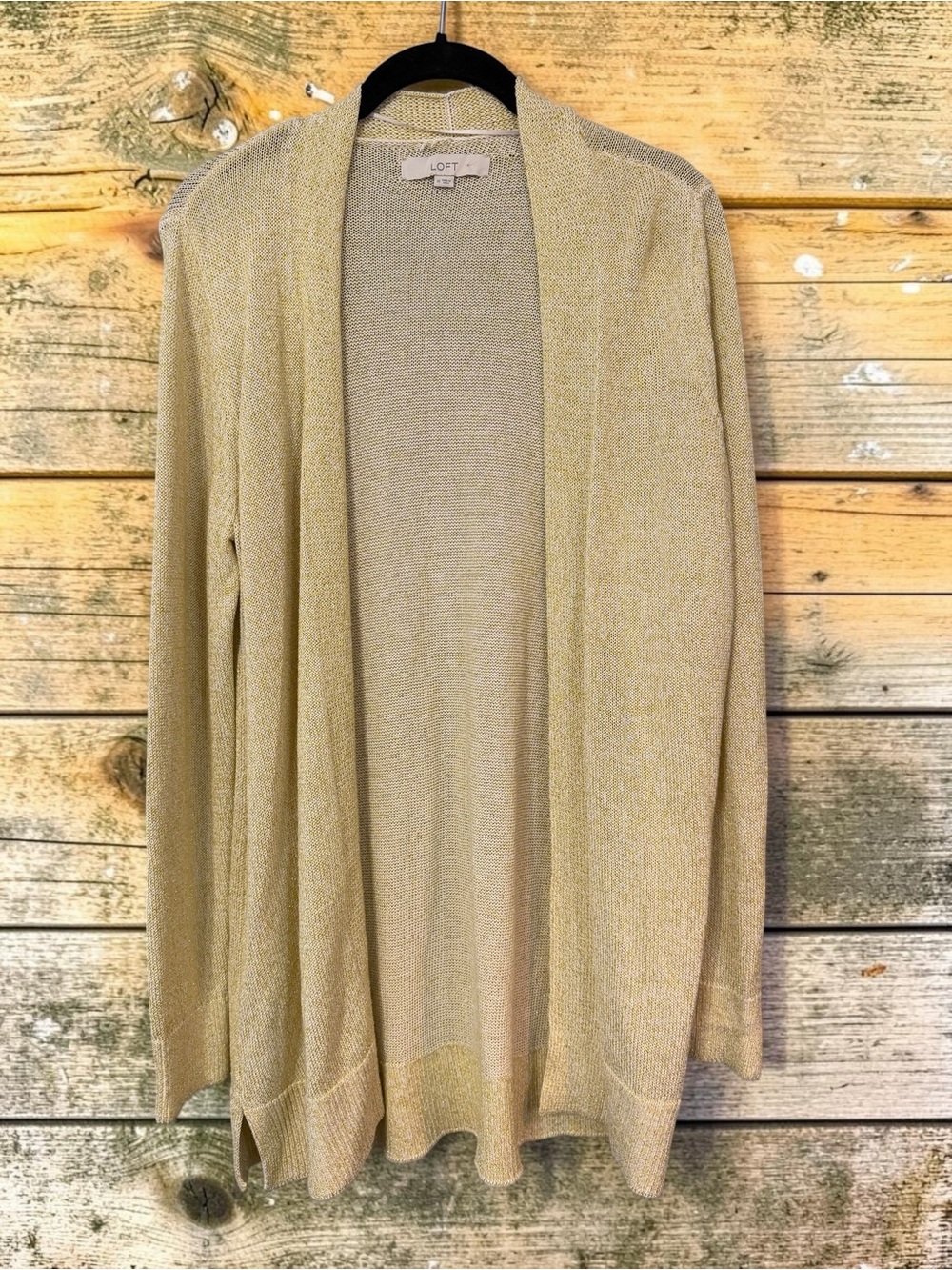 LOFT Metallic Butter Yellow Gold Open Cardigan Sz M Waterfall Lightweight